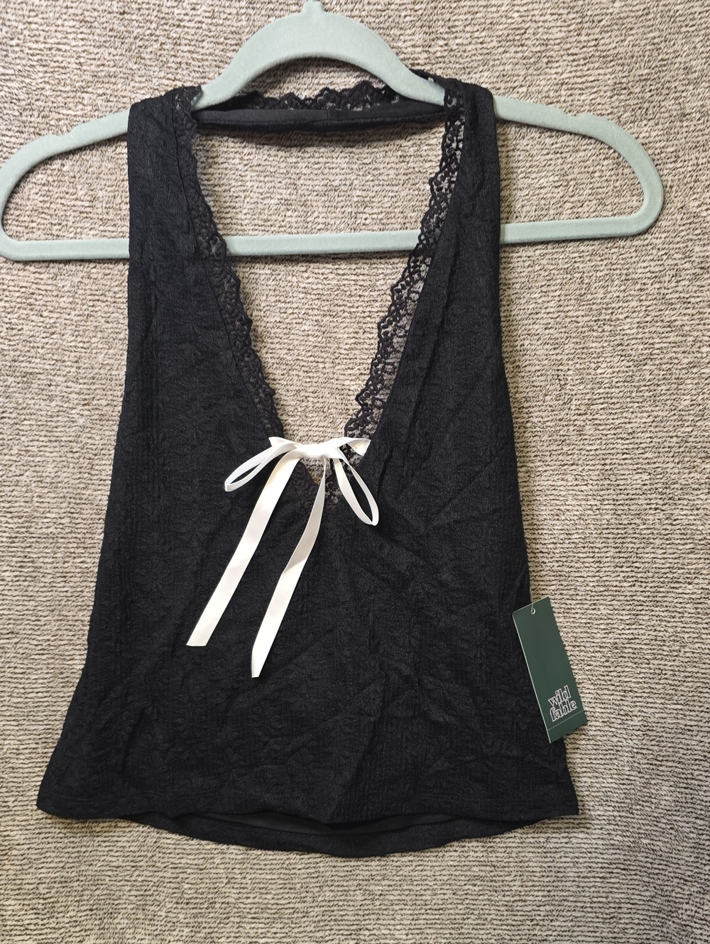 wild fable Black Lace-Trim V-Neck Halter with White Bow